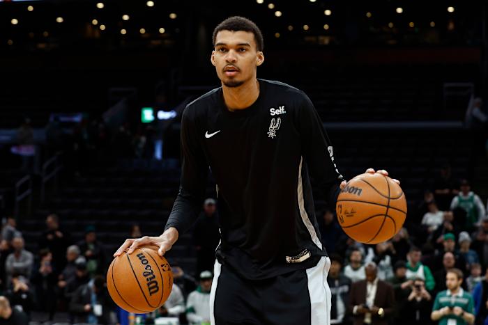 Jan 17, 2024; Boston, Massachusetts, USA; San Antonio Spurs center Victor Wembanyama (1) dribbles before their game against the Boston Celtics at TD Garden.